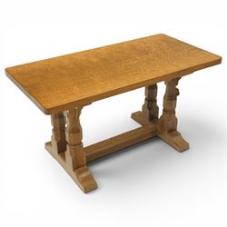 Mouseman - adzed oak rectangular coffee table, commissioned with four octagonal supports j...