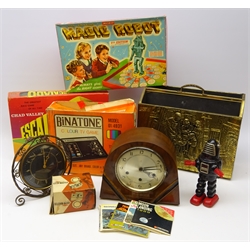  1960s Ko Japan tinplate clockwork 'Action Planet Robot', unboxed H22cm, The Amazing Magic Robot 4th ed. boxed, Escalado, Binatone Colour TV Game, View-Master with sidles, Art Deco walnut cased mantle clock, vintage clock and an embossed brass magazine rack   