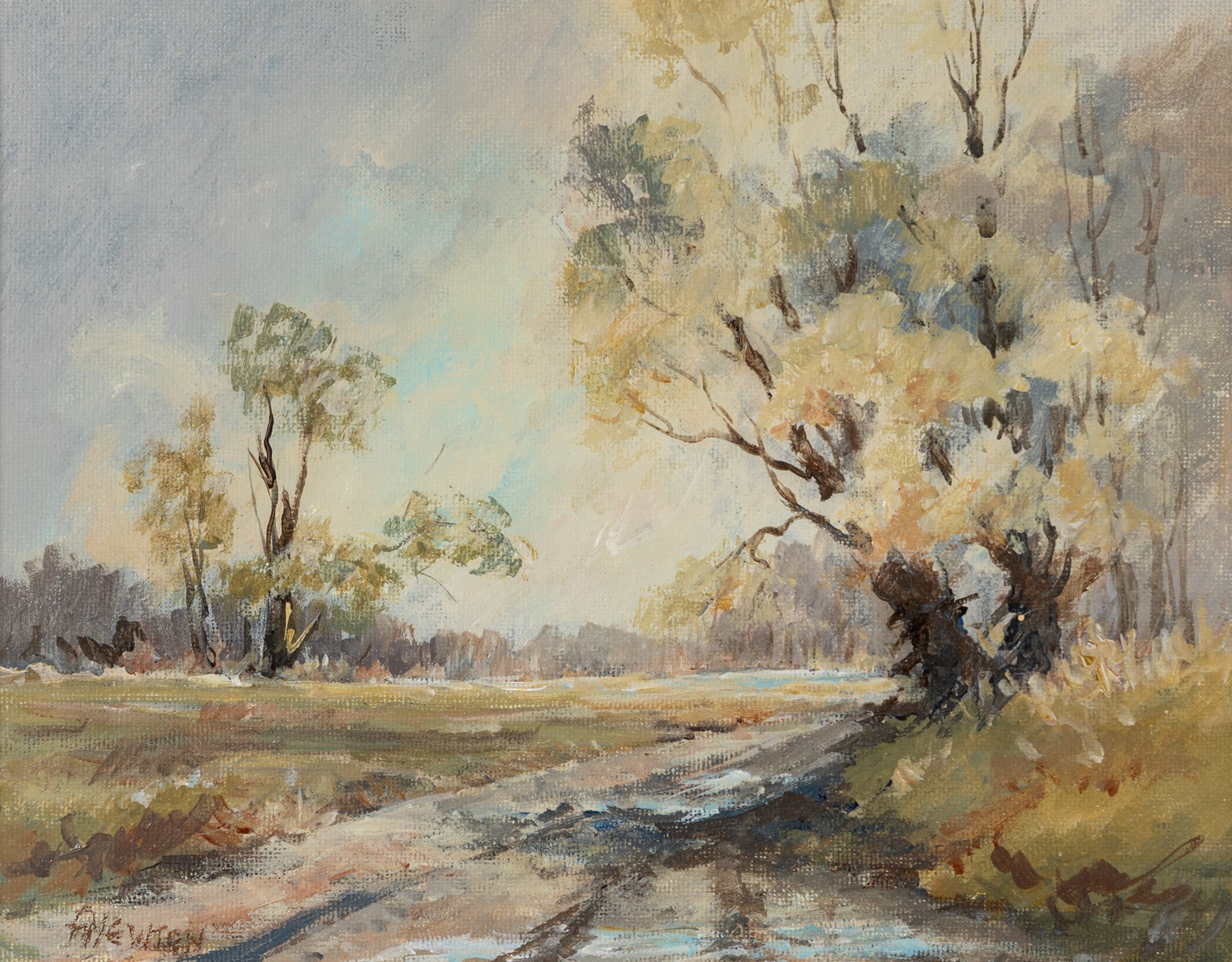 Pat Newton (British 20th century): 'Winter in West Norfolk' and 'The Farm in Winter', pair of acrylics signed, titled on label verso, in matching frames 19cm x 24cm; George 'Griff' Griffiths (British 1939-2017): 'Arthington Bank', watercolour signed, titled and dated 1977 on label verso 24cm x 16cm (3)