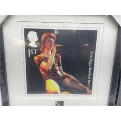 Set of four Royal Mail David Bowie limited edition album stamp prints, comprising Heroes, Ziggy Stardust Tour, Hunky Dory and Let's Dance, all framed and in original packaging, H43cm W43cm