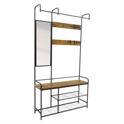 Modern hall stand black and rustic wood veneer, mirrored panel with multiple hooks, wooden...