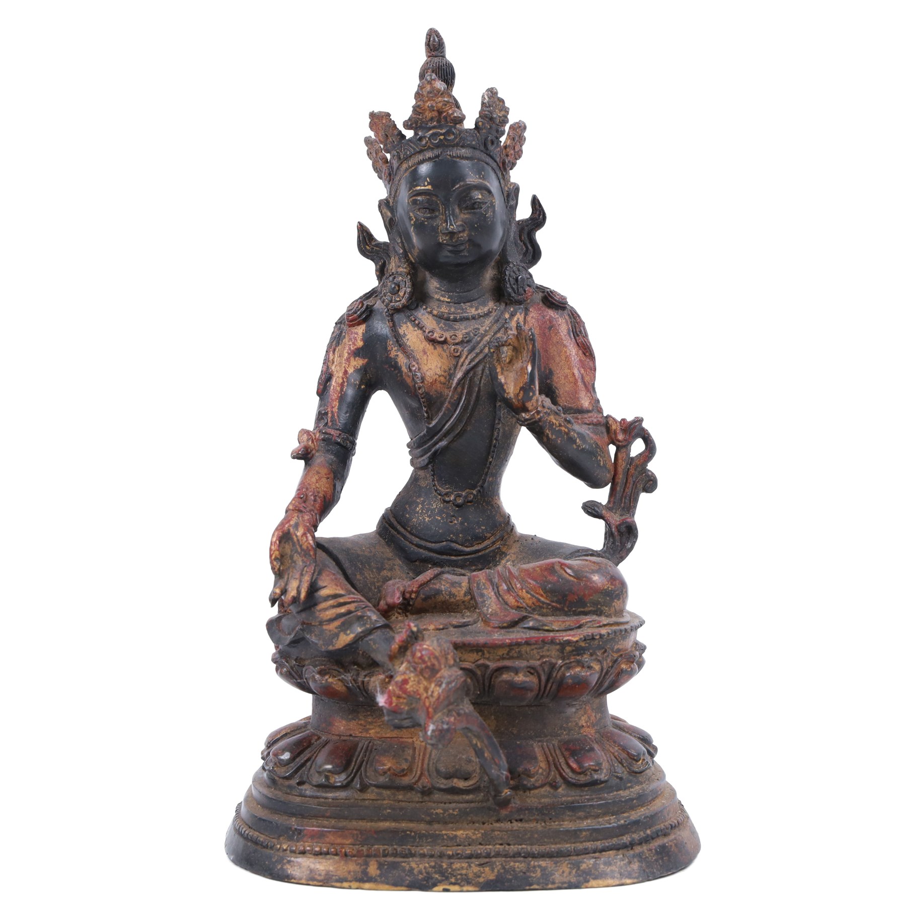 20th century bronzed buddha, with one hand raised, seated upon a lotus leaf, H27cm
