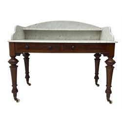 Victorian figured mahogany two-piece bedroom set - the washstand with white and black marble moulded top with arched back and raised shelf, two moulded frieze drawers, on turned and fluted supports with brass and ceramic castors (W123cm, D60cm, H102cm); the dressing table with raised swing mirror in moulded frame with shell and scroll carved pediment, on scrolled horns carved with foliage, four raised trinket drawers over moulded rectangular top, fitted with two drawers, on turned and fluted supports with brass and ceramic castors (W122cm, H177cm, D62cm)