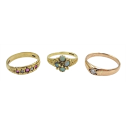 Gold single stone diamond ring,  stamped 18ct,  9ct gold ruby and split pearl ring, London 1977 and a 9ct gold four stone opal ring hallmarked (3)