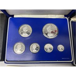 Four British Virgin Islands proof coin sets, comprising First Coinage of the British Virgin Islands 1973 proof six coin set, containing silver one dollar coin, 1977 and 1979 proof sets, containing high denomination silver coins, and The Royal Coronation Jubilee 1977 six coin silver proof set, each minted at the Franklin Mint, all cased with certificates, and a Solomon Islands 1978 proof seven coin set, containing silver five dollar coin, minted at the Franklin Mint, cased with certificate (5)