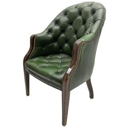 19th century design mahogany framed chesterfield library chair, upholstered in buttoned green leather with studwork, on square tapering supports