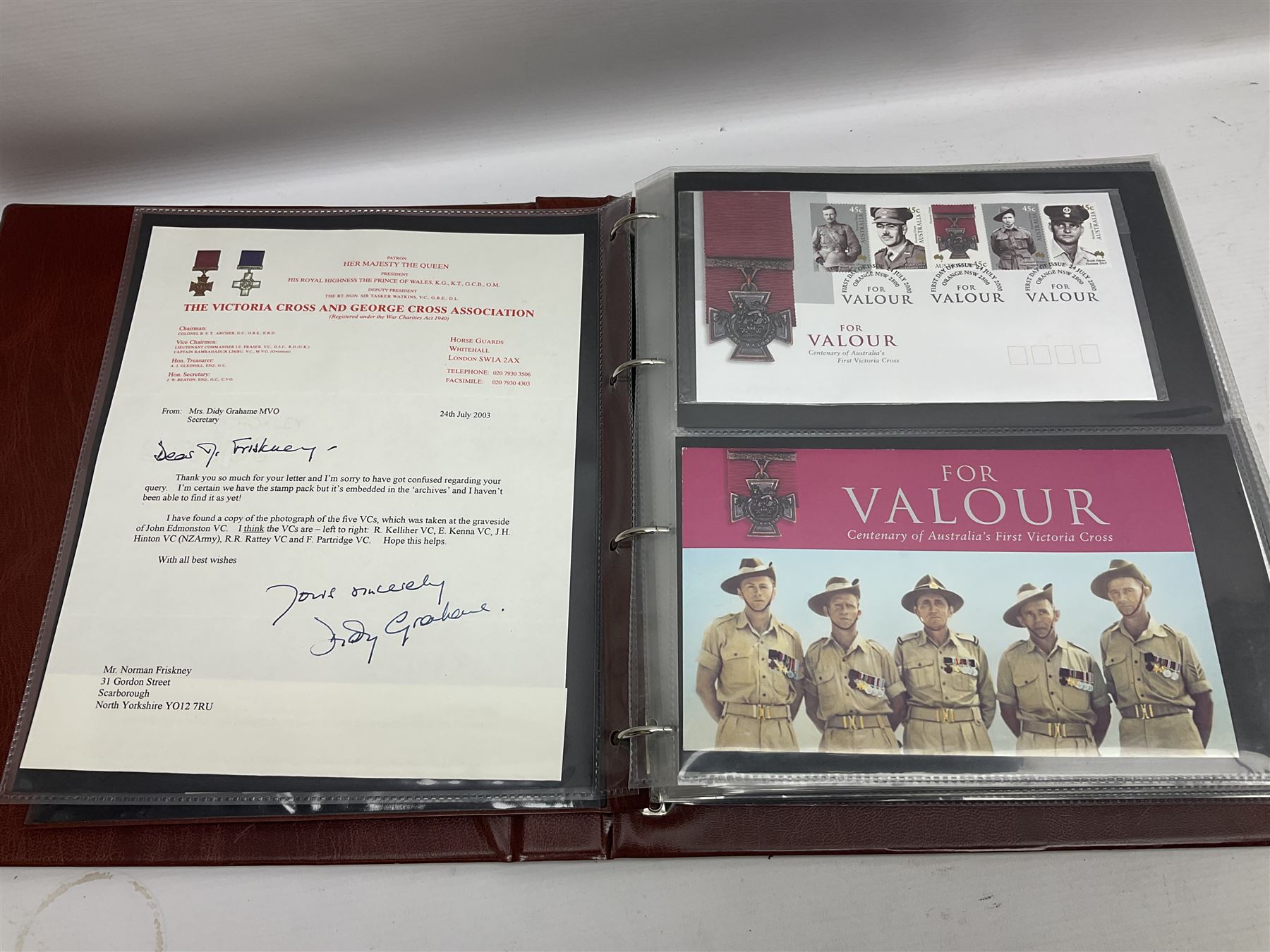 Album containing over seventy Victoria Cross and George Cross related First Day Covers, Medal Covers, Coin Covers, PHQ cards and postcards, Presentation Packs etc; some bearing signatures of the recipient.