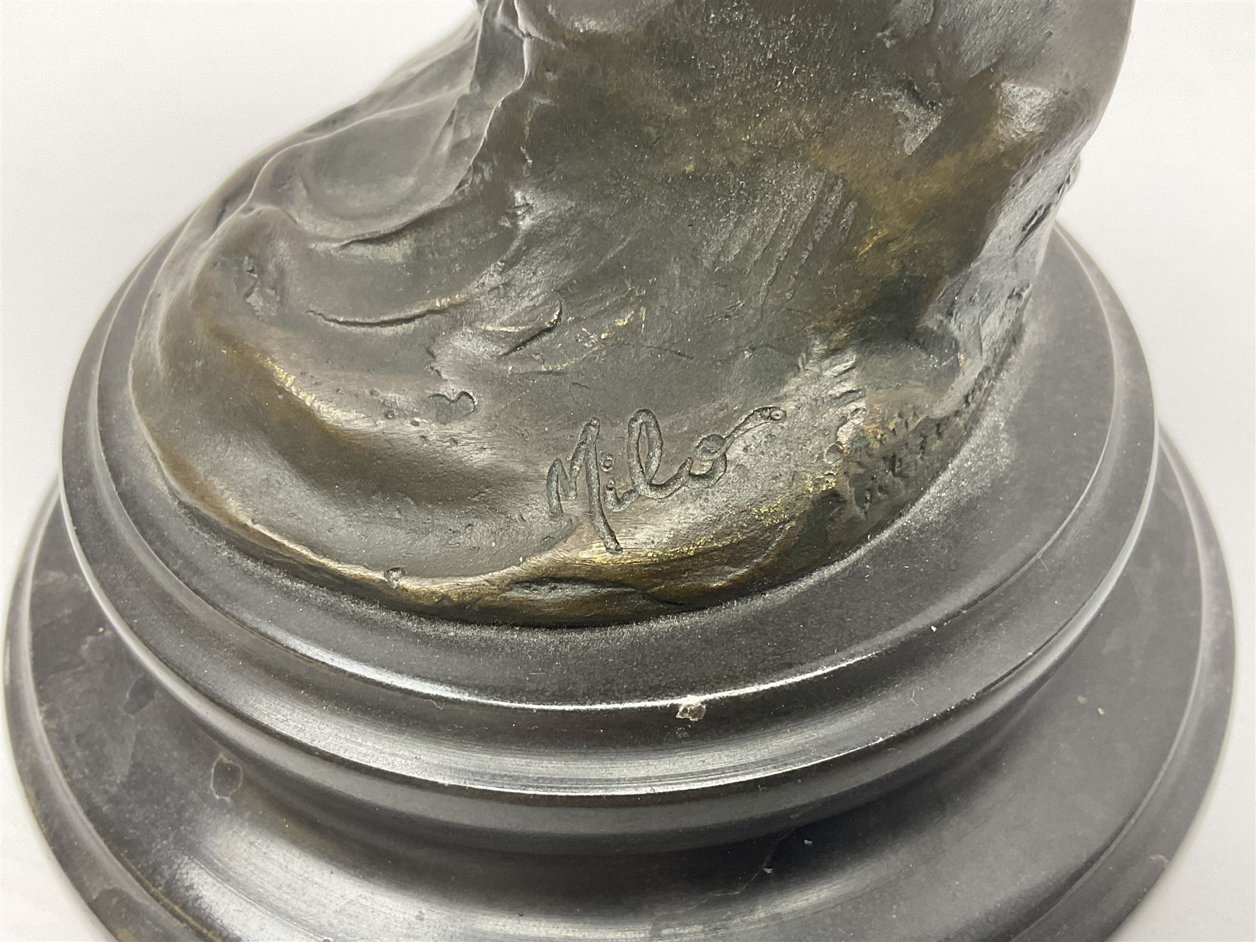 Bronze figure, modelled as an owl upon a rock, on stepped circular base, after Milo, H24.5cm