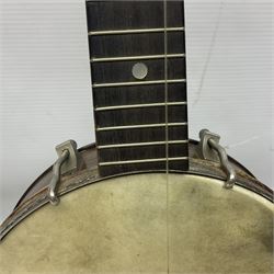 George Formby banjolele with metal plaque to headstock L55cm; in carrying case with instruction booklet.