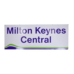 Original British Railways 'Milton Keynes Central' aluminium station platform sign, with bl...