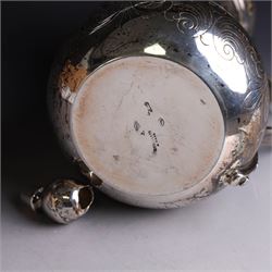 Middle Eastern silver coffee pot or Dallah, of baluster form with elongated spout and domed lid, with chased scrolling foliate decoration, the lid with applied silver plaque with presentation engraving, stamped 925 to base, H26.5cm