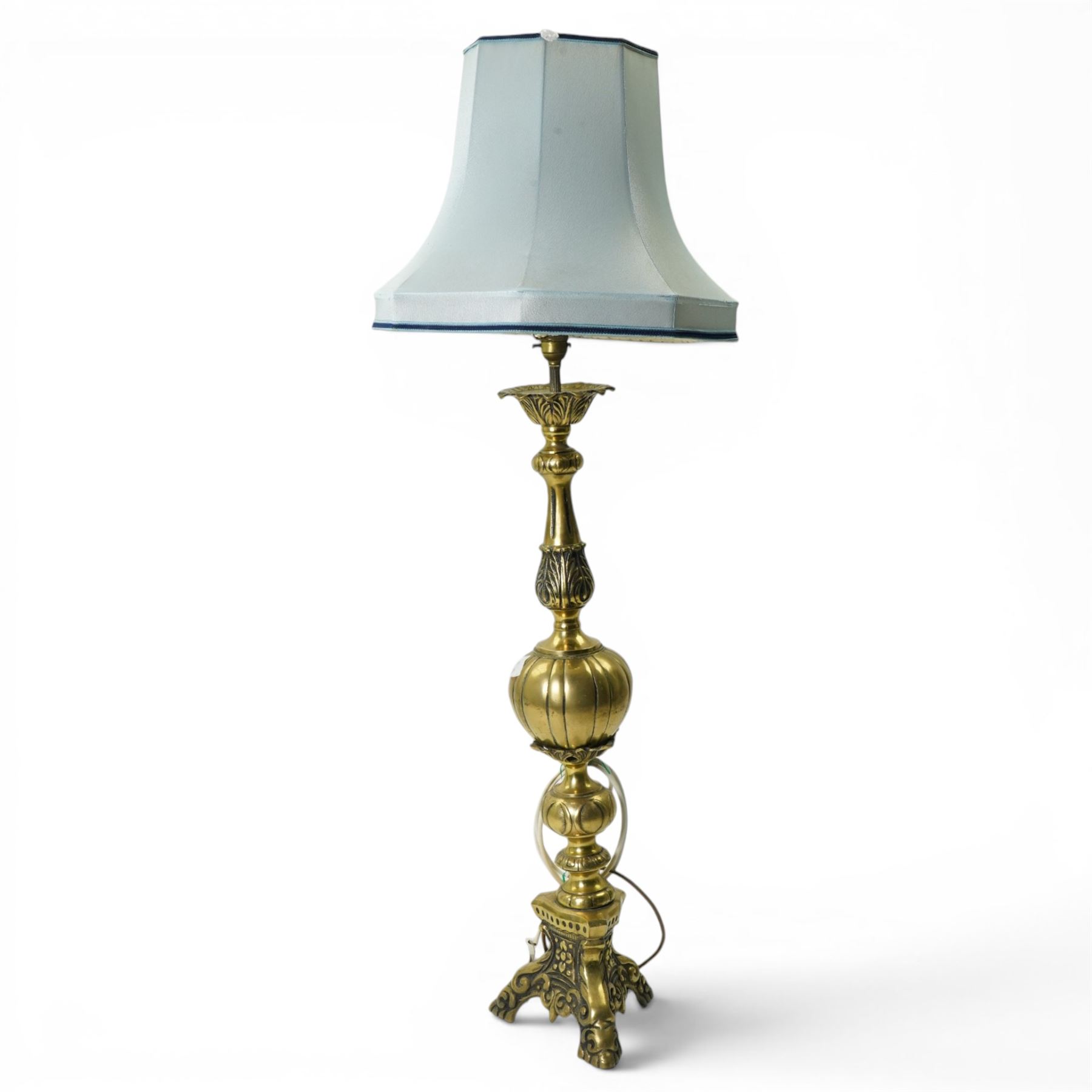 Victorian design brass table lamp with baluster stem and tricorn base H76cm excluding fitting