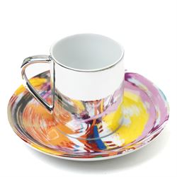 Damien Hirst (British 1965-); set of six anamorphic silver lustre espresso cups and saucers of various designs