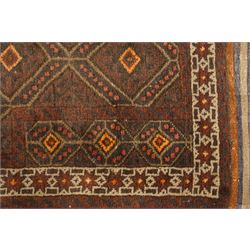 Two hand-knotted rugs, comprising Persian medallion rug and tribal rug, Persian hand-knotted rug, ivory ground centred by shaped floral medallion with pendants, surrounded by stylised flowerheads and foliate motifs, enclosed by multiple floral and geometric borders, H155cm, W123cm; tribal hand-knotted rug, dark brown ground with repeating linked geometric diamond medallions in orange and green, enclosed by ivory geometric border, striped ends with fringes, H150cm, W71cm