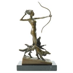 Art Deco style bronze, after Josef Lorenzl, modelled as a nude female figure holding a bow...