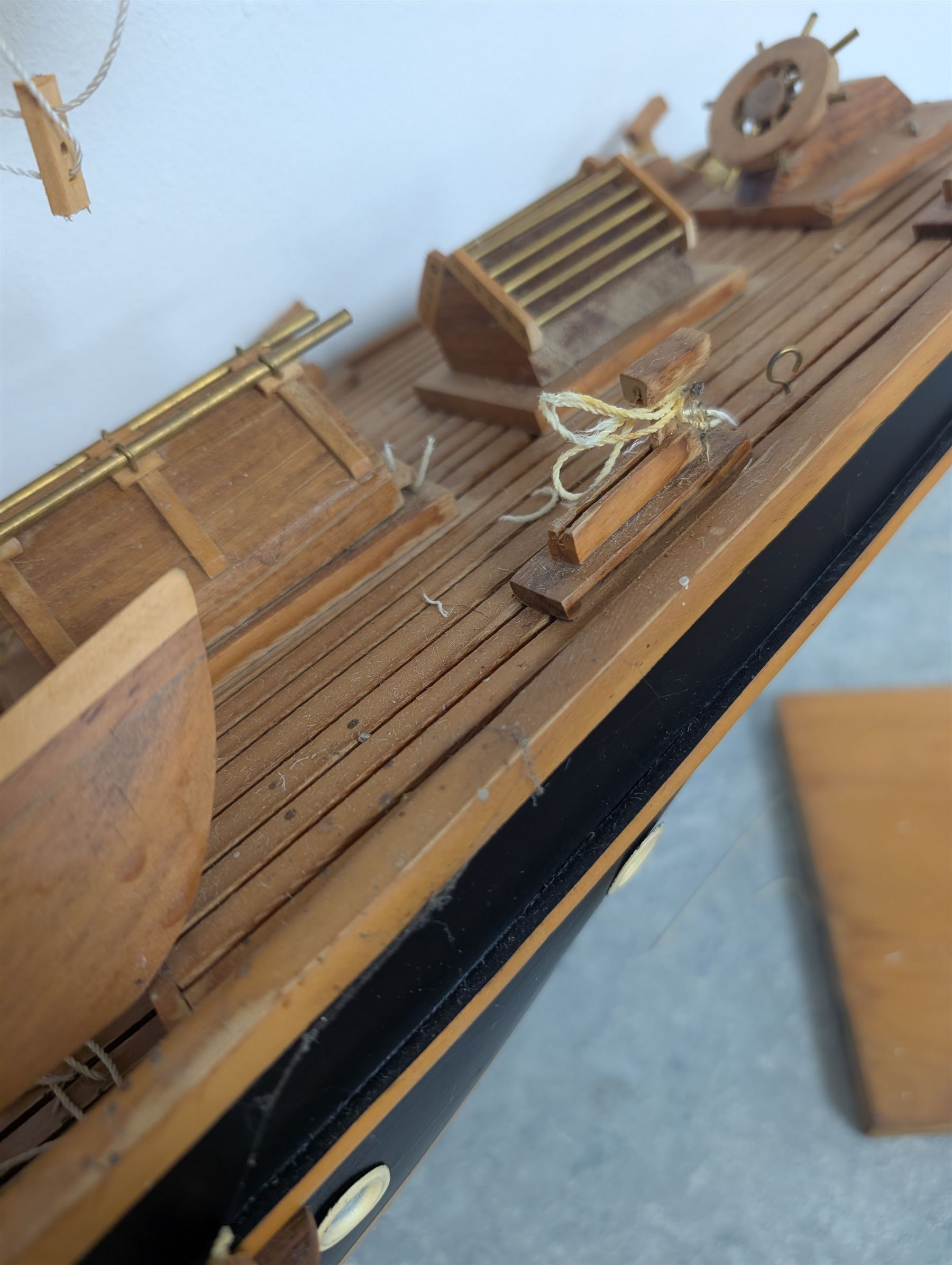 Large wooden model ship of a three-masted schooner, H117cm, W163cm, with stand