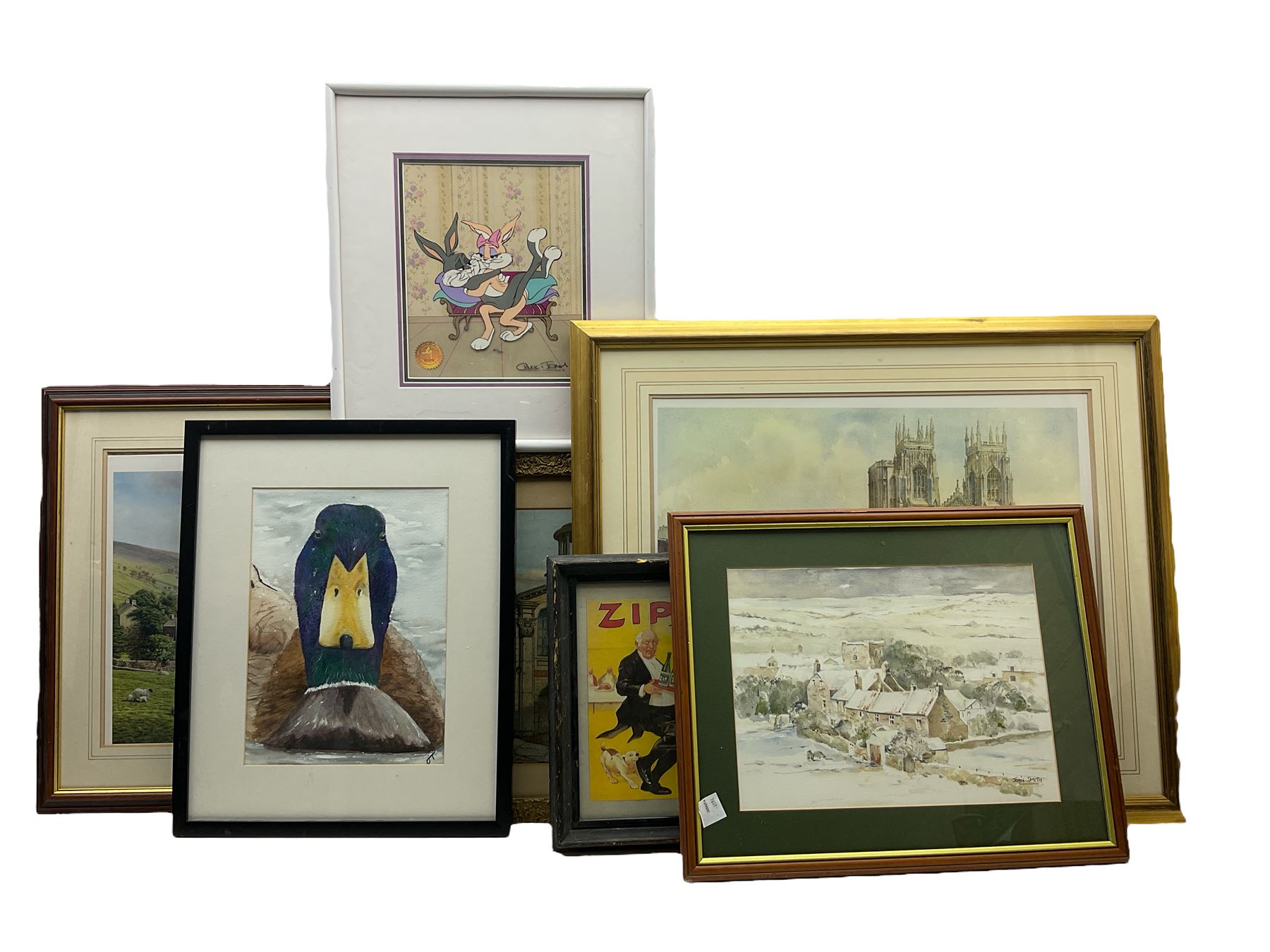 Chuck Jones (American 1912-2002): 'Bugs Bunny and Honey Bunny - Valentine', limited edition animation cel hand signed and numbered 360/500 dated 1993 together with watercolour of a duck, watercolour of a winter cottage, signed Sturgeon print and others max 45cm  x 56cm (7)