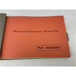Mid 20th century P&O-Orient Line travel agents two volume cased set, comprising 'Manual of Information' section one containing details of ‘Distance Tables’, ‘Route Map’ 'Ports of Call', ‘Cruising', and section two containing 'The Fleet', 'General Information and 'Index', in mahogany stand with gilt branded lettering, H32cm