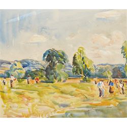 Muriel Metcalfe (Yorkshire 1910-1994): Hay Making, watercolour signed and dated 1930, titl...