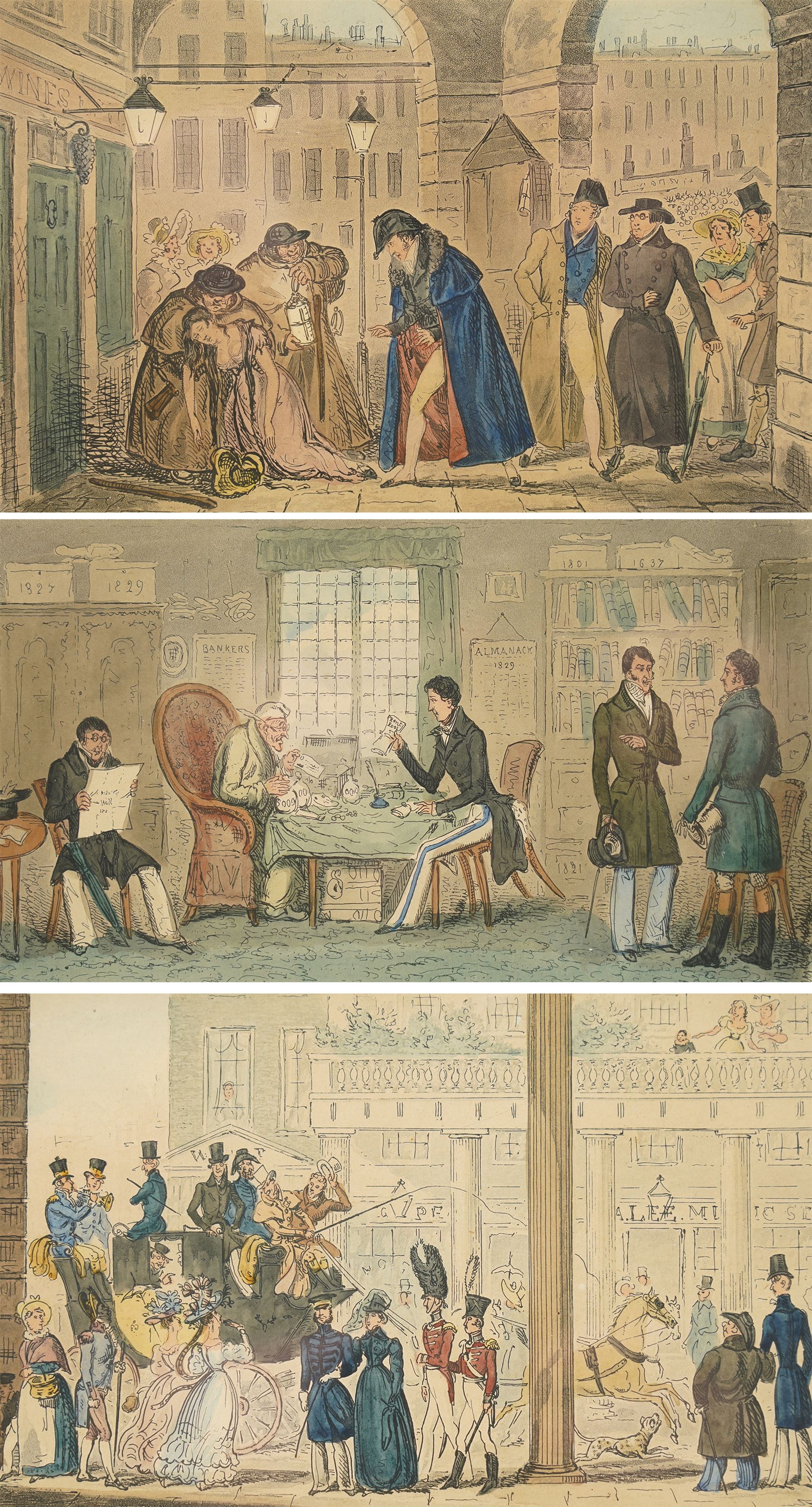 Isaac Robert Cruikshank (British 1789-1856): 'Life in London...' 'The Money Lender...' and 'The Grand Lounge...', set three early 19th century engravings with hand-colouring pub. 'Life in London; or the Day and Night Scenes of Jerry Hawthorne....'  London: Sherwood, Neely and Jones c.1820-1, 14cm x 24cm (3) 