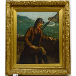  John Wells Smith (British fl.1870-1875): Fisherman at the Helm in a Heavy swell, oil on canvas monogrammed 55cm x 45cm  