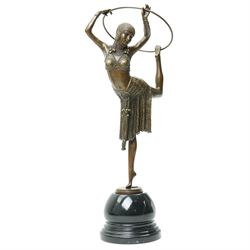 After Dimitri Chiparus - Art Deco style bronze figure of a dancer with hoop, signature and foundry mark on marble base H52cm 