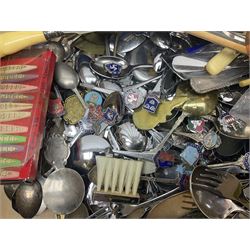 Large collection of souvenir metal ware, predominantly spoons, including three silver examples, together with other silver plated flatware and chopsticks