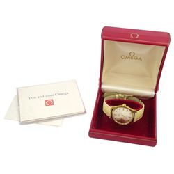 Omega Genève gentleman's stainless steel and gold-plated manual wind wristwatch, Ref. 135.0041, silvered dial with baton hour markers, on cream leather strap, with Omega gilt buckle, boxed with papers dated 1974