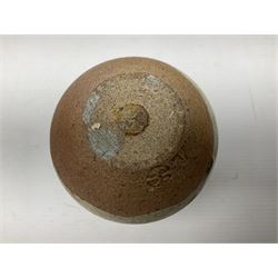 Janet Leach (American, 1918-1997) for Leach Pottery; speckled studio pottery vase of shouldered ovoid form with speckled brown decoration and trailing green and brown glaze upon beige and brown ground, with impressed J.L. monogram and Leach Pottery mark beneath, together with a Jeremy Leach blue speckled lidded circular dish with loop handle, impressed J.L, tallest H11cm