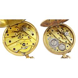 Early 20th century 18ct gold open face, keyless cylinder fob watch, and a 14ct gold fob watch, both with gilt dials with Roman numeral hour markers, cases with engraved foliate decoration, both stamped