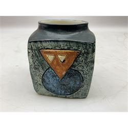 Troika cube vase, designed by Sally Bart, with a geometric design, with painted marks to base, H9.5cm.
