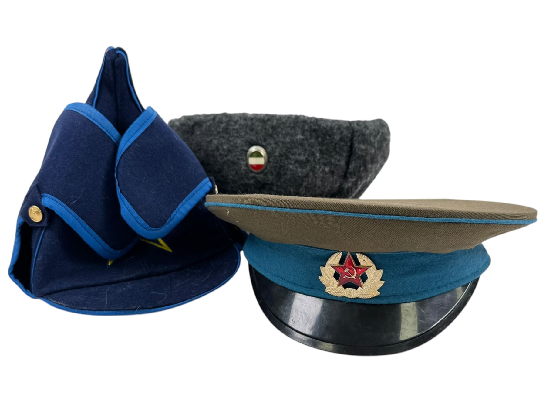  Three Russian Soviet style military hats 
