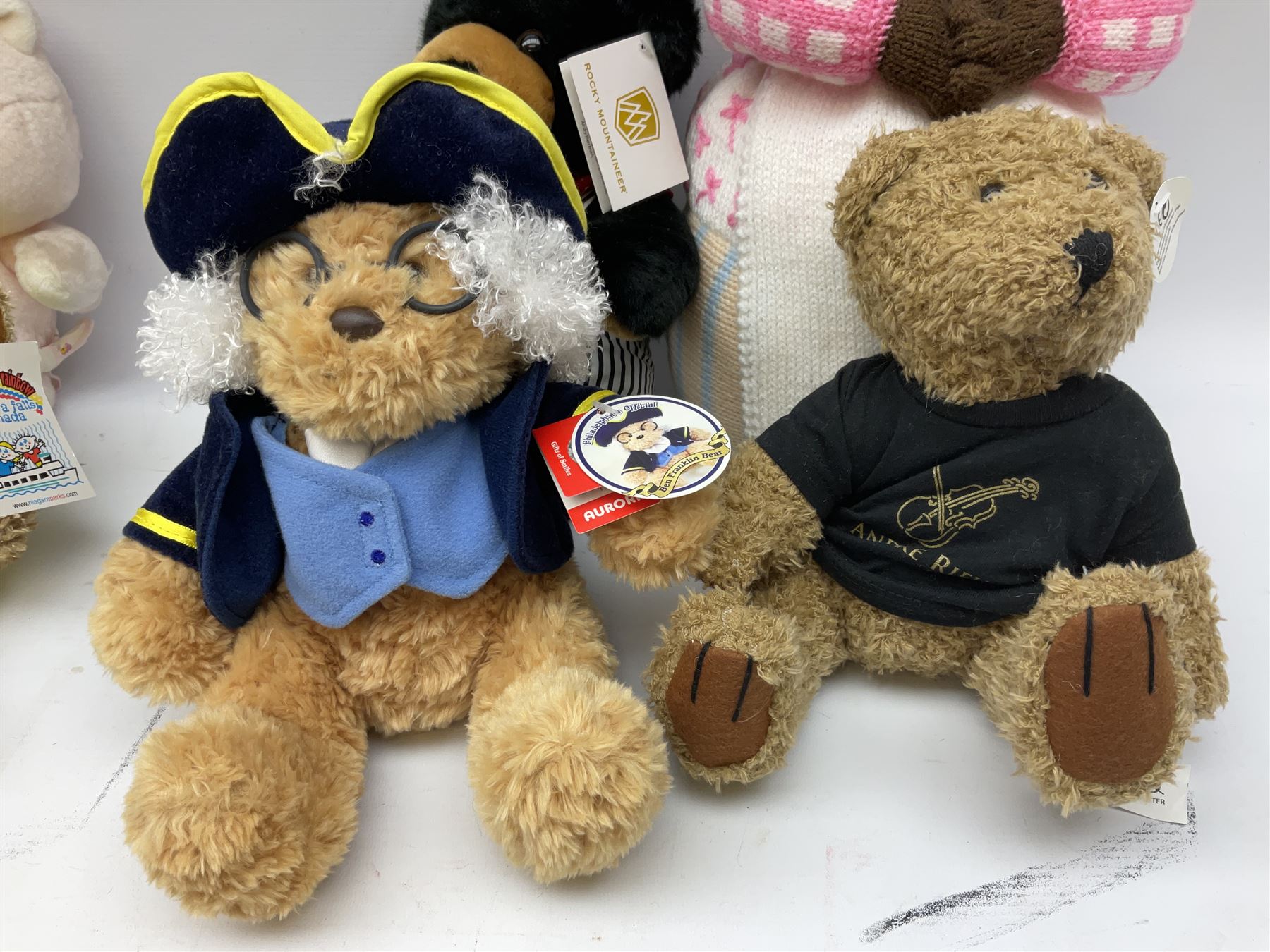 Ten soft tots including Chad Valley Lenny the Lion; Snoopy type dog; Fluffy Hedgehogs; pink Care Bear; souvenir bears for Niagara Falls, Benjamin Franklin and Andre Rieu; Rocky Mountaineer Traindriver; knitted Mrs. Tiggy-Winkle etc; all unboxed (10)
