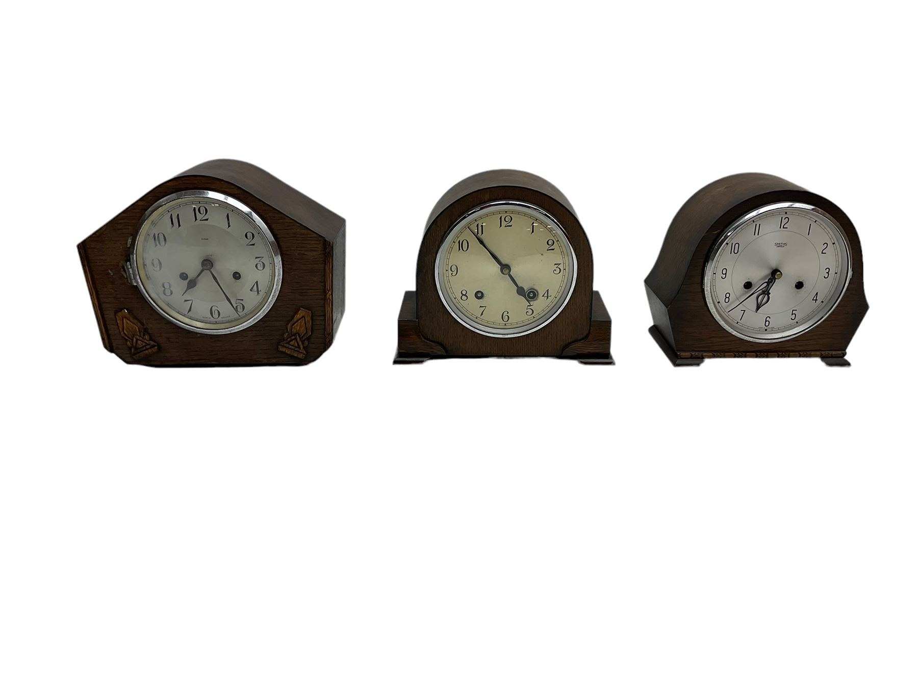 Three oak cased 1950’s spring driven striking mantle clocks and a 1930