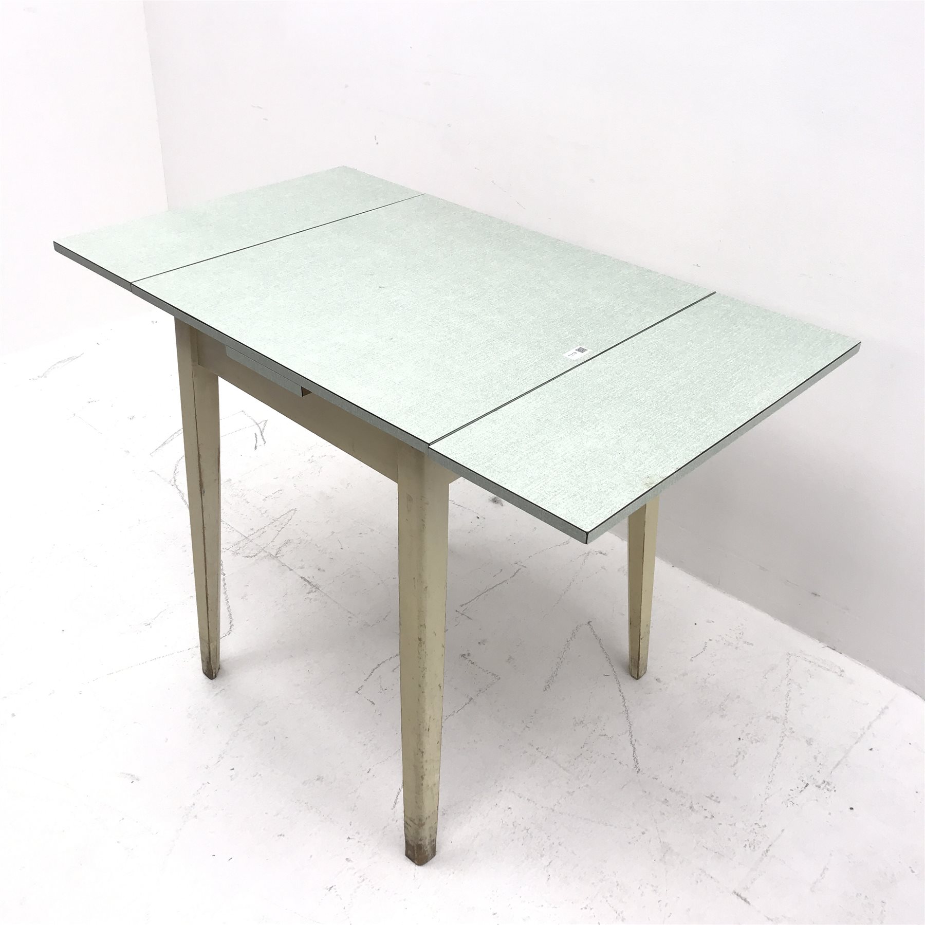 Vintage Formica drawer leaf extending kitchen table, square tapering supports, W107cm, H77cm, D61cm