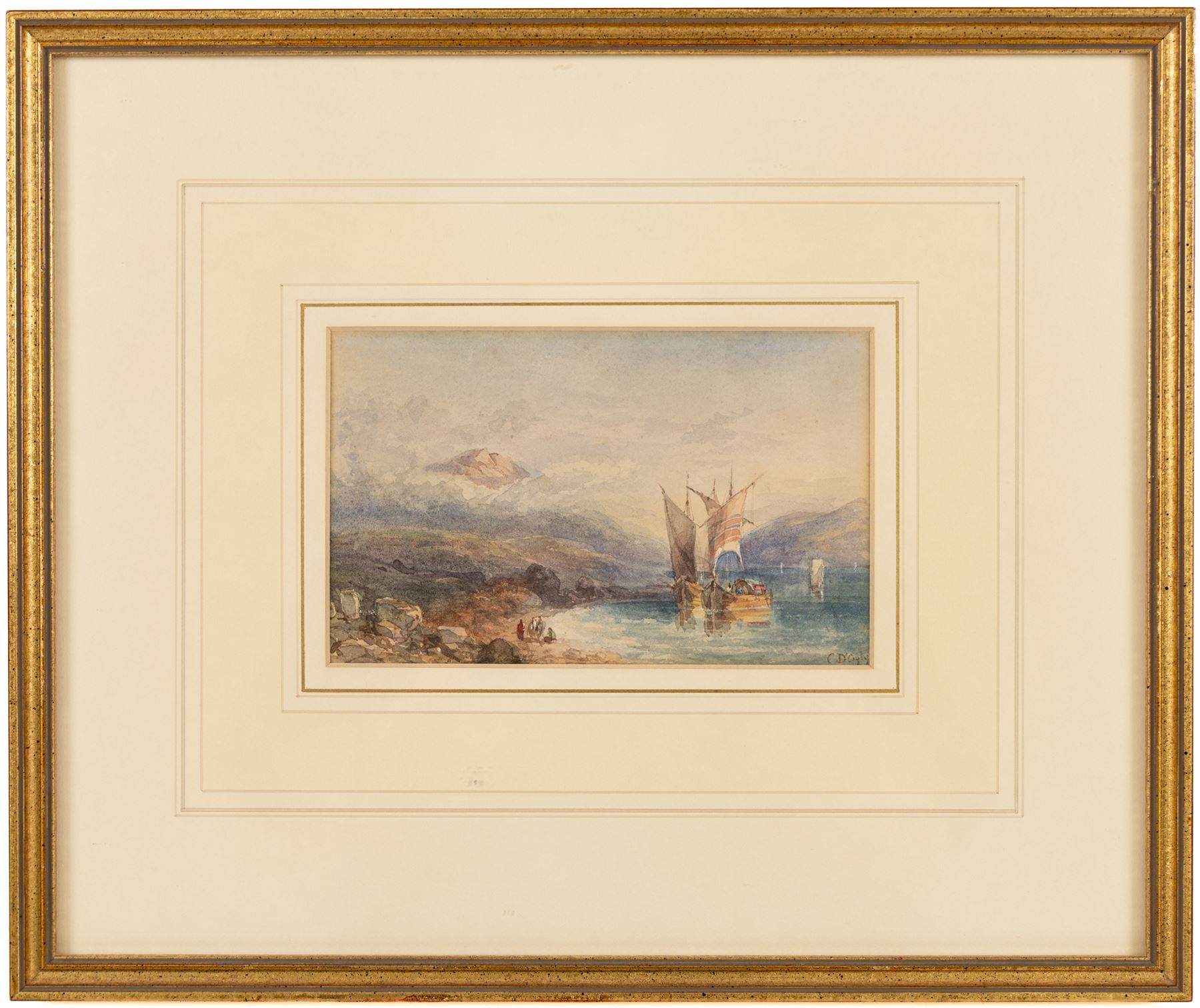 Sir Charles D'Oyly (British 1781-1845): Sailboats on a Misty River Valley, watercolour signed 9cm x 15cm