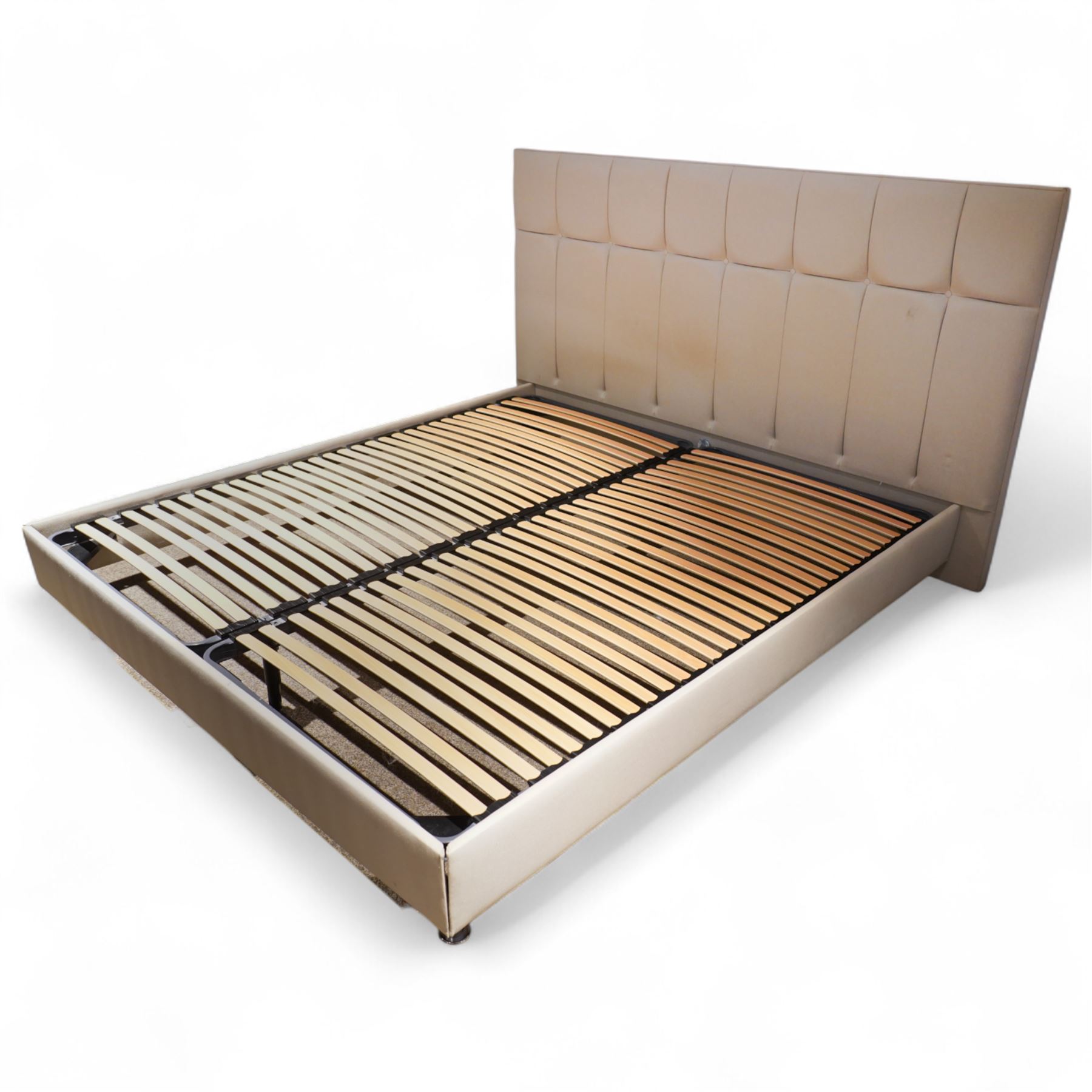 Contemporary 6' superking upholstered double bed frame, panel stitched headboard with square and vertical sections, slatted base on low feet