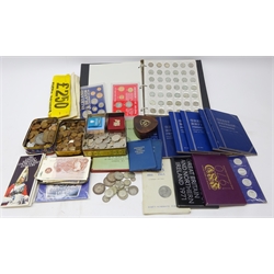 Large collection of Great British and World coins including Queen Victoria 1887 crown, 1889 double florin, 1890 half crown, King Edward VII 1902 crown, small quantity of pre 1947 silver coins, coin album of mixed coins including old one pound coins etc, Great Britain 1970 and 1971 coin year sets, various incomplete Whitman folders, pre-decimal coins, mixed world coins, six one pound notes, ten shilling notes, modern fifty pence pieces etc, in one box  
