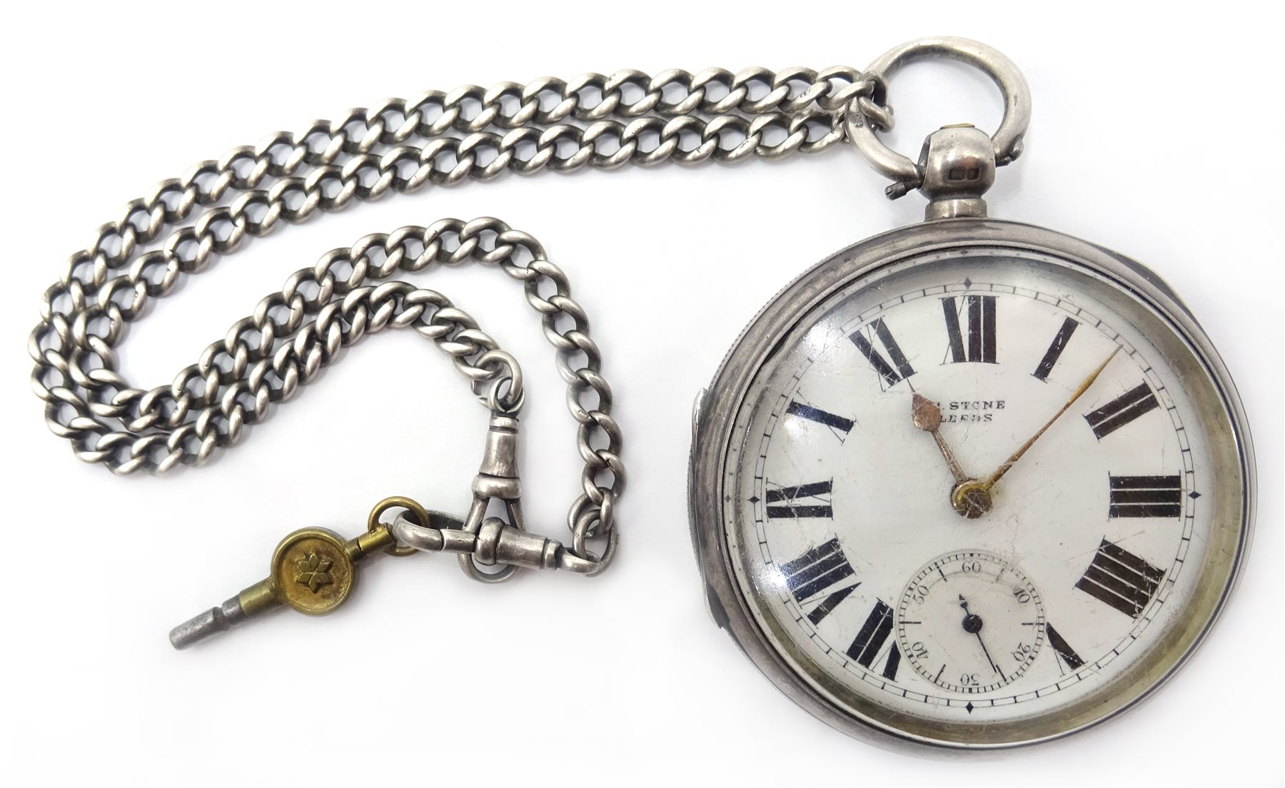 Silver pocket watch by H Stone Leeds no 739945, case Chester 1906 with