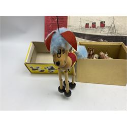Vintage toys comprising 'Docking RMS Queen Mary' game, two boxed Pelham puppets, quantity of painted metal British soldiers to include Guardsmen, painted farm animal figures