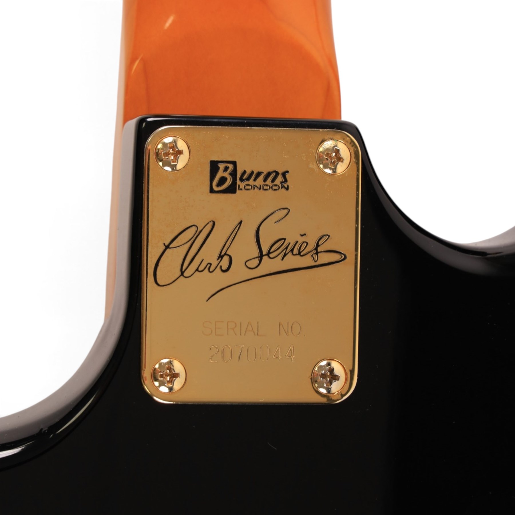 Burns Club Series Marquee electric guitar, serial no. 2070044, circa   early 2000s, black gloss body with marbled metallic blue scratch plate, in a Stagg soft case, guitar L99cm