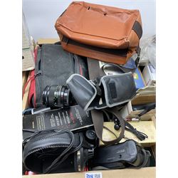 Vintage and later cameras, accessories and other similar items including Sony 'videoHi8' camcorder, in hard carry case, Grundig 'VS 150' camcorder, boxed, Olympus 'OM101 power focus' camera, Canon 'A-1' camera fitted with  Miranda '28mm 1:2.8 MC' lens, various other cameras and accessories etc, in three boxes
