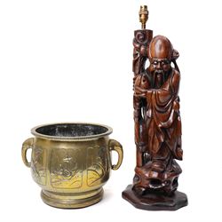 Chinese carved hardwood figure of Shou Lao formed as a table lamp H56cm excluding fitting ...