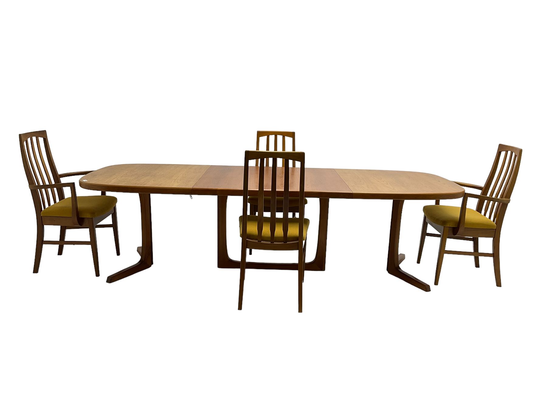 Oluf Theodore Larsen for NMB - mid-20th century teak extending dining table with two additional leaves, on splayed supports (261cm x 95cm x 73cm), and set four (2+2) mid-20th century teak dining chairs with high vertical slatted back on tapered supports (54cm x 51cm x 99cm)