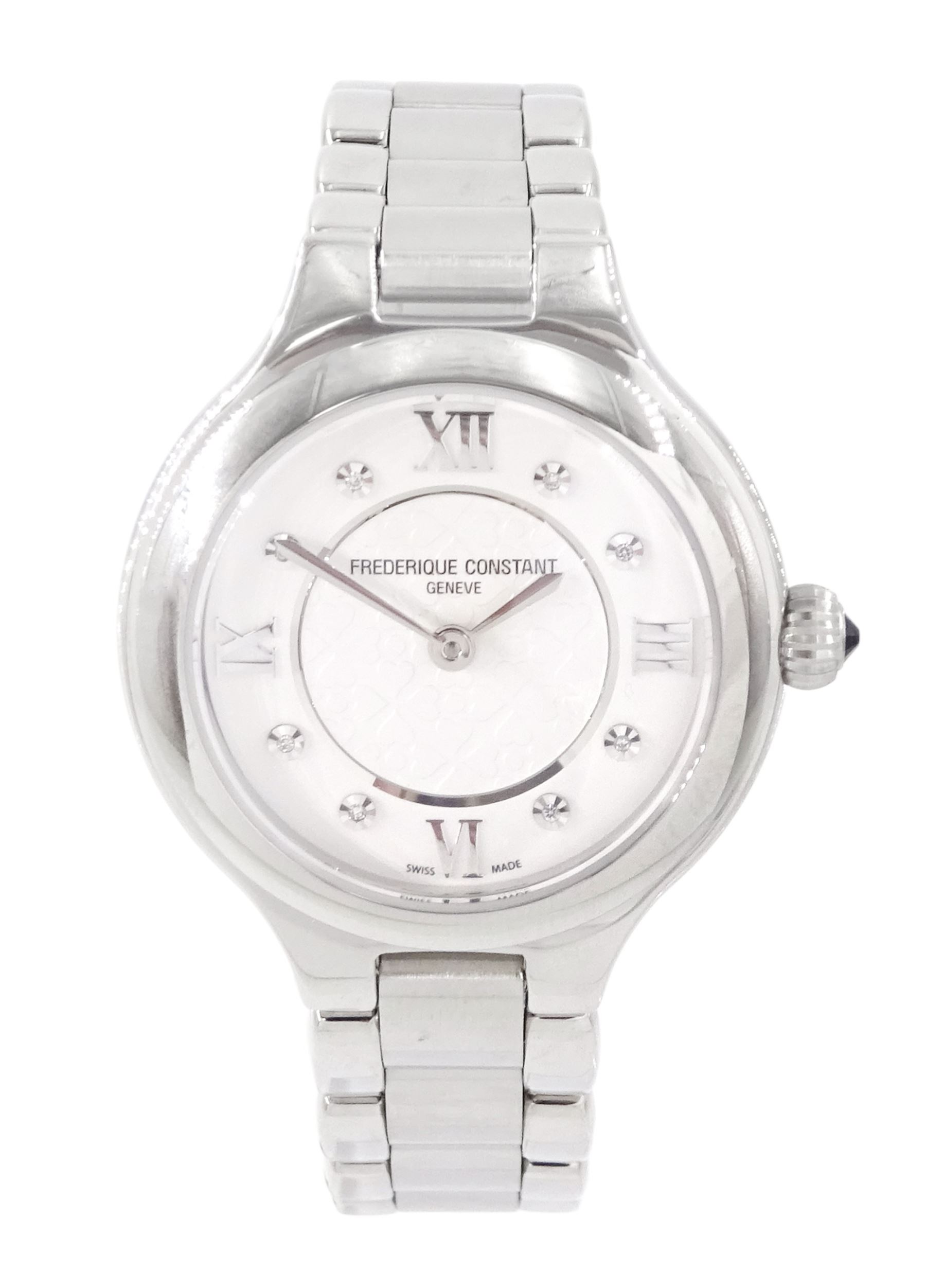 Frederique Constant Classics Delight ladies stainless steel quartz wristwatch, Ref. FC-200WHD1ER36B, silvered / white dial with Roman and diamond dot hour markers, boxed with papers