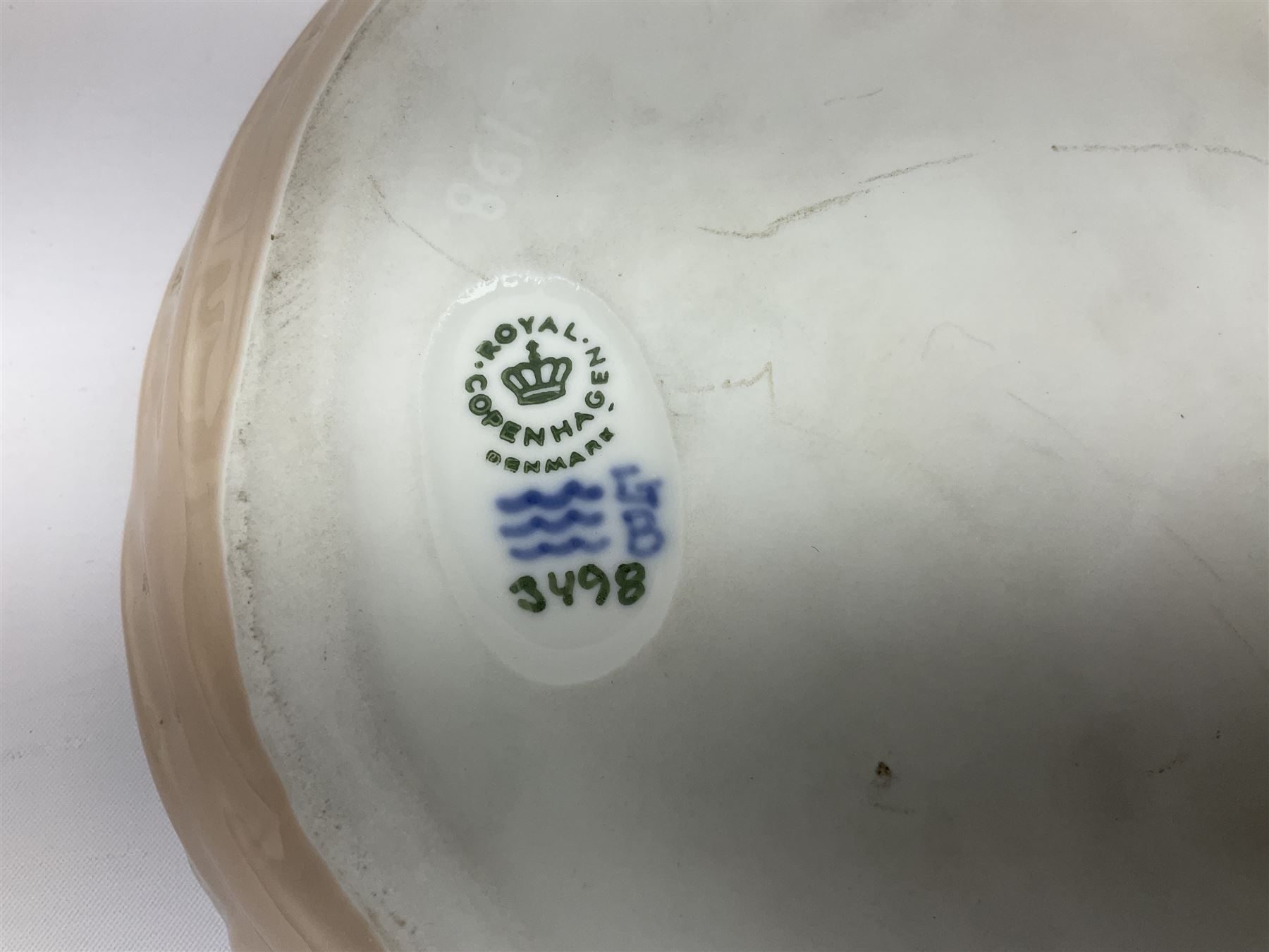 Pair of Royal Copenhagen bowls modelled as baskets and mounted with lobsters, model no 3498 and 3277, with painted and printed marks beneath, largest D19cm