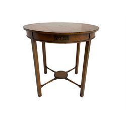 Edwardian Sheraton design satinwood occasional table, circular top with painted floral banding, the frieze with painted lacquered panels of traditional Chinese pagoda scenes, raised on square supports united by turned X-stretcher united by central circular platform