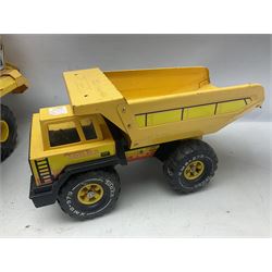 Tonka - five large scale pressed steel vehicles comprising Cement Mixer, Mighty Mobile Crane, Jeep and two Dumper Trucks (5)