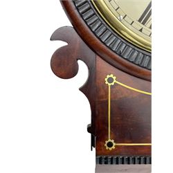 Frodsham of London - 8-day chain driven twin fusee wall clock in a mahogany case c1870, veneered case inlaid with brass stringing and motifs, shaped earpieces and chisel shaped base with pendulum adjustment door, 10” painted steel dial with Roman numerals, minute track and blued serpentine steel hands, dial inscribed Frodsham, Gracechurch Street, London, chain fusee, five-pillar, rack striking movement striking the hours on a cast bell. With pendulum.
H65 W34 D18
George Edward Frodsham, son of John Frodsham is recorded as working in Gracechurch Street, London 1869-79. Succeeded to Frodsham & Baker
