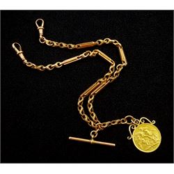 Early 20th century rose gold rectangular and round link Albert T bar with two clips, each link stamped 9ct and a 1909 gold full sovereign with soldered mount